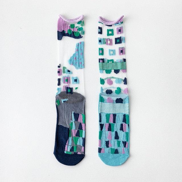 Fashion Women Socks New Spring Summer Mesh Thin Long Printed Socks Women Casual Breathable Fresh Flower Socks Korea Style Color Thin Socks For Women