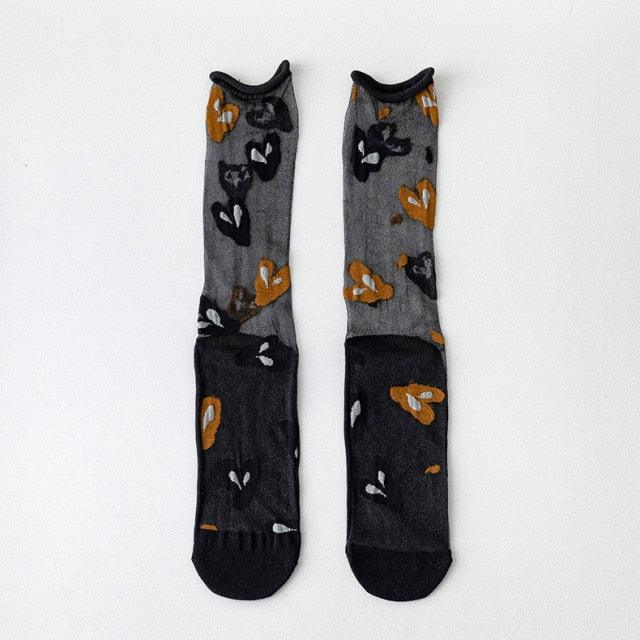 Fashion Women Socks New Spring Summer Mesh Thin Long Printed Socks Women Casual Breathable Fresh Flower Socks Korea Style Color Thin Socks For Women