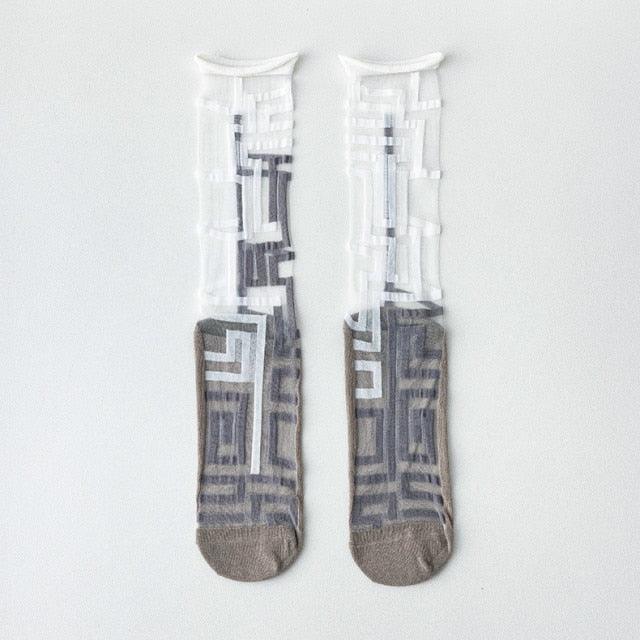 Fashion Women Socks New Spring Summer Mesh Thin Long Printed Socks Women Casual Breathable Fresh Flower Socks Korea Style Color Thin Socks For Women