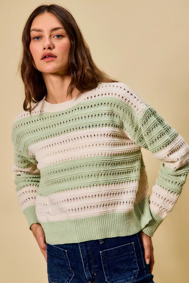 SO ME Openwork Round Neck Wide Stripe Textured Sweater