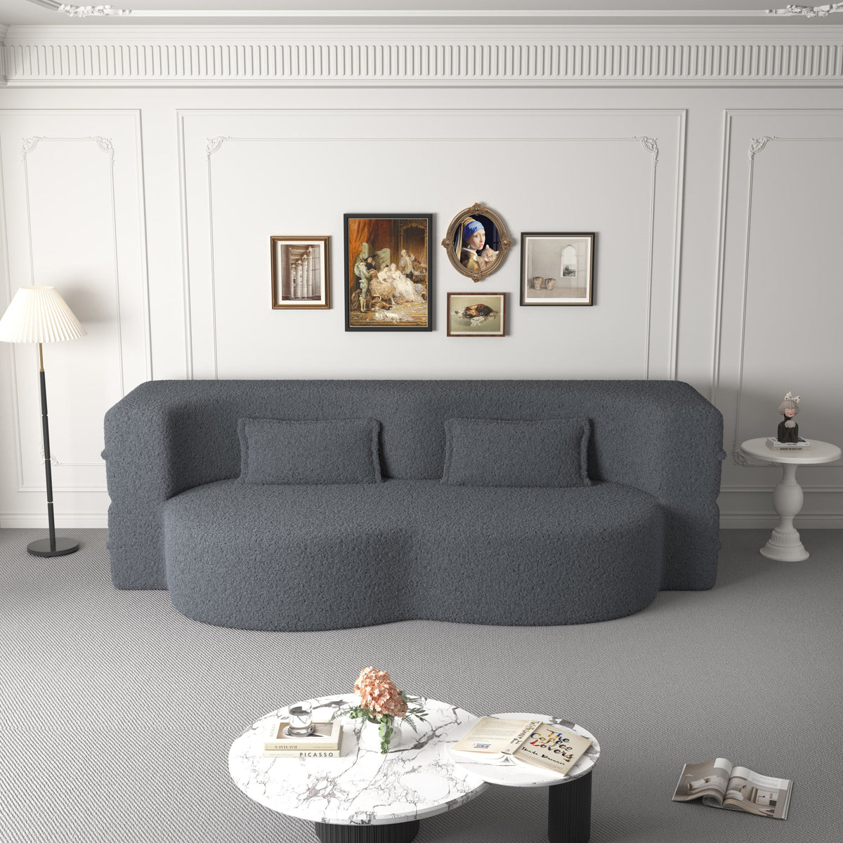 Modern Floor Sofa, with 2 Pillows, Convertible Teddy Fabric Foam Filled Bed, 15 inch Full Size Folding Mattress, Suitable for Living Room, Guest room, Game Room, Grey