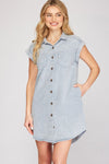 Blue Grey Full Size Folded Cuff Button-Down Shirt Dress Plus Size Casual Simple Women Dress
