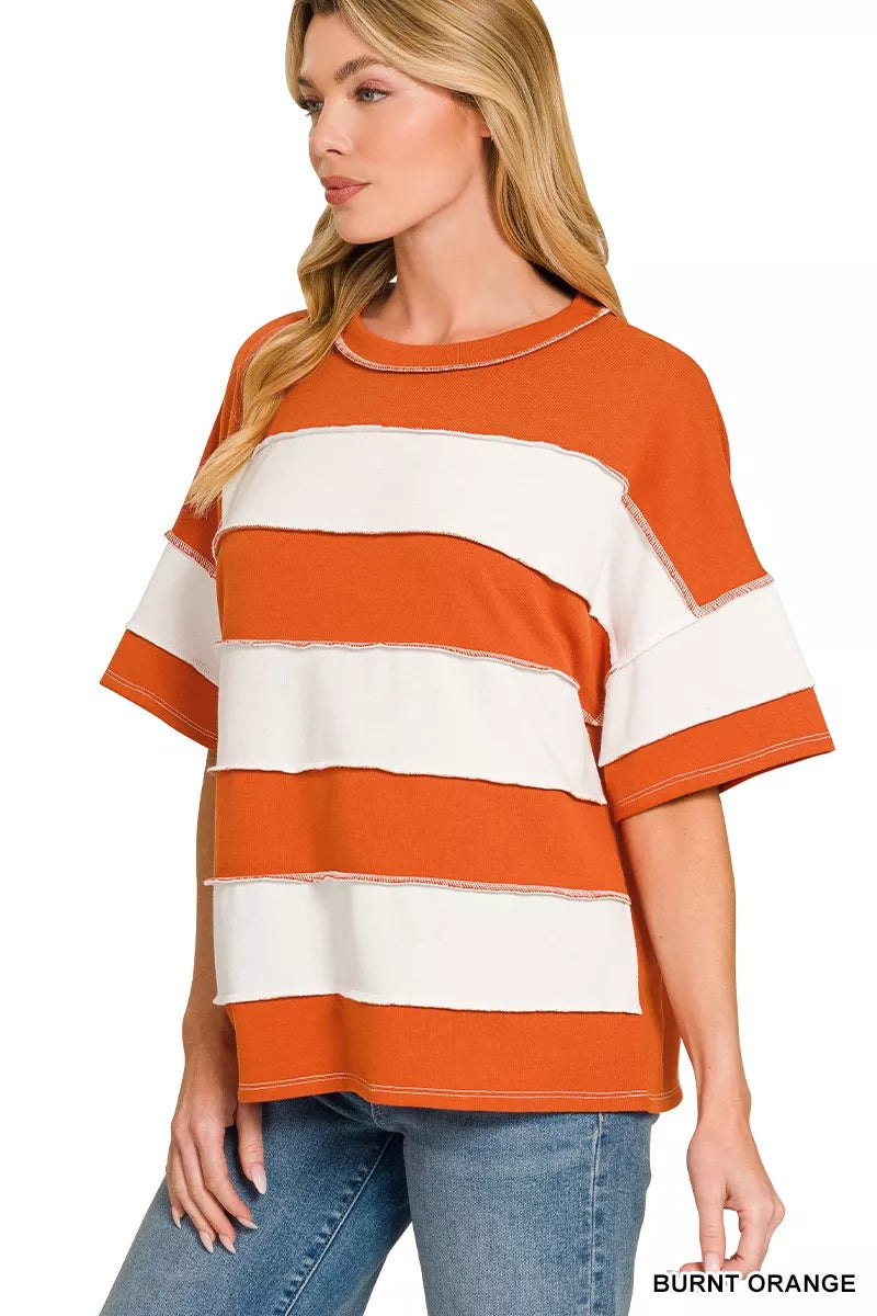 Zenana French Terry Striped Exposed Seam Top