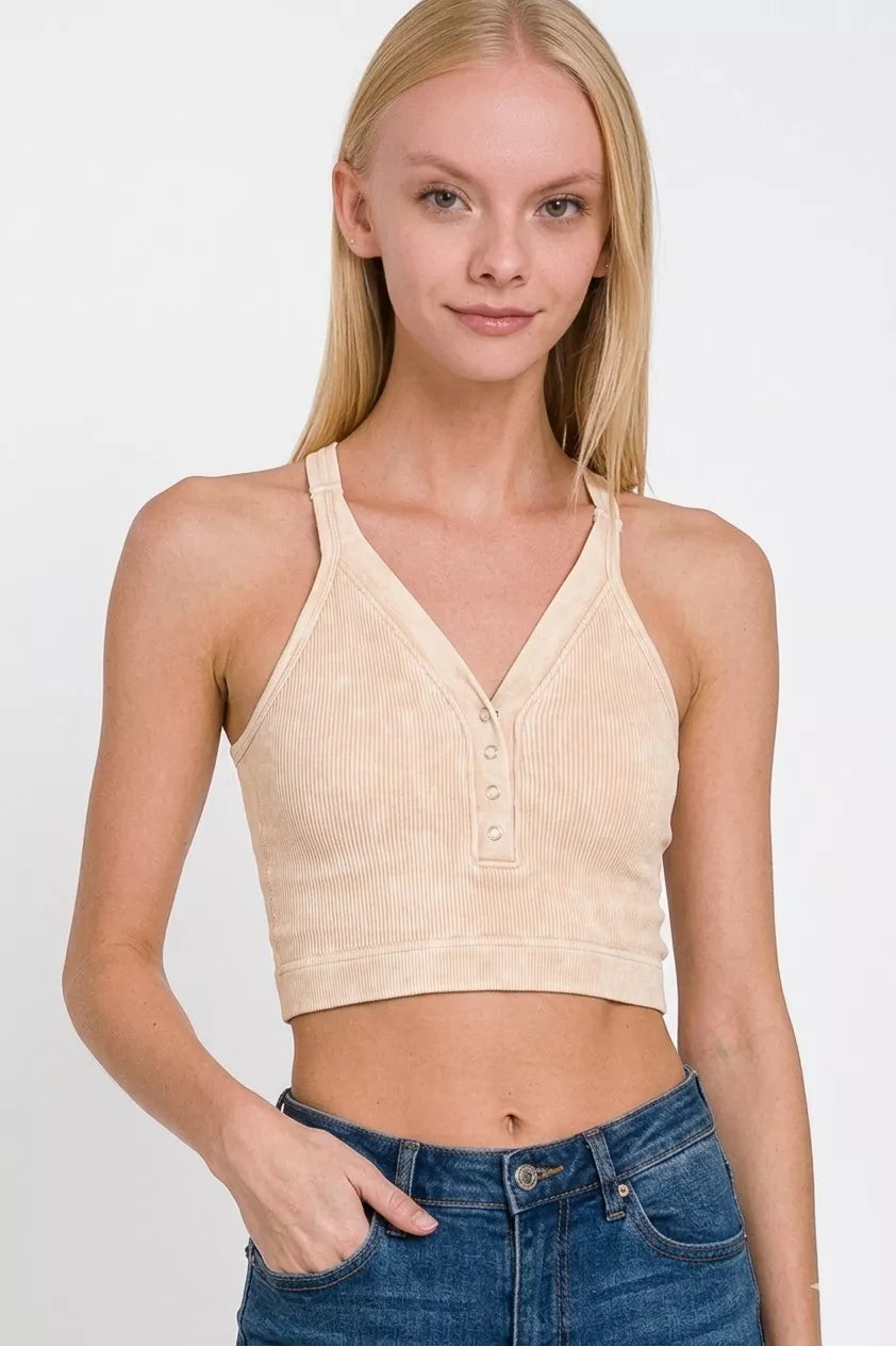 Zenana Washed Ribbed Seamless Button V-neck Tank Top