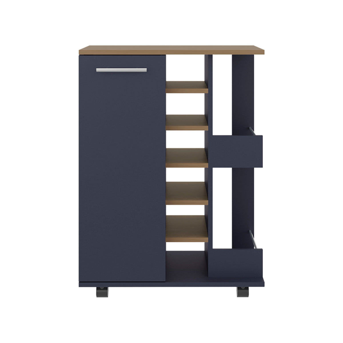Bar Cart, Two External Shelves, Four Casters, Six Built-In Wine Rack, Single Door Cabinet
