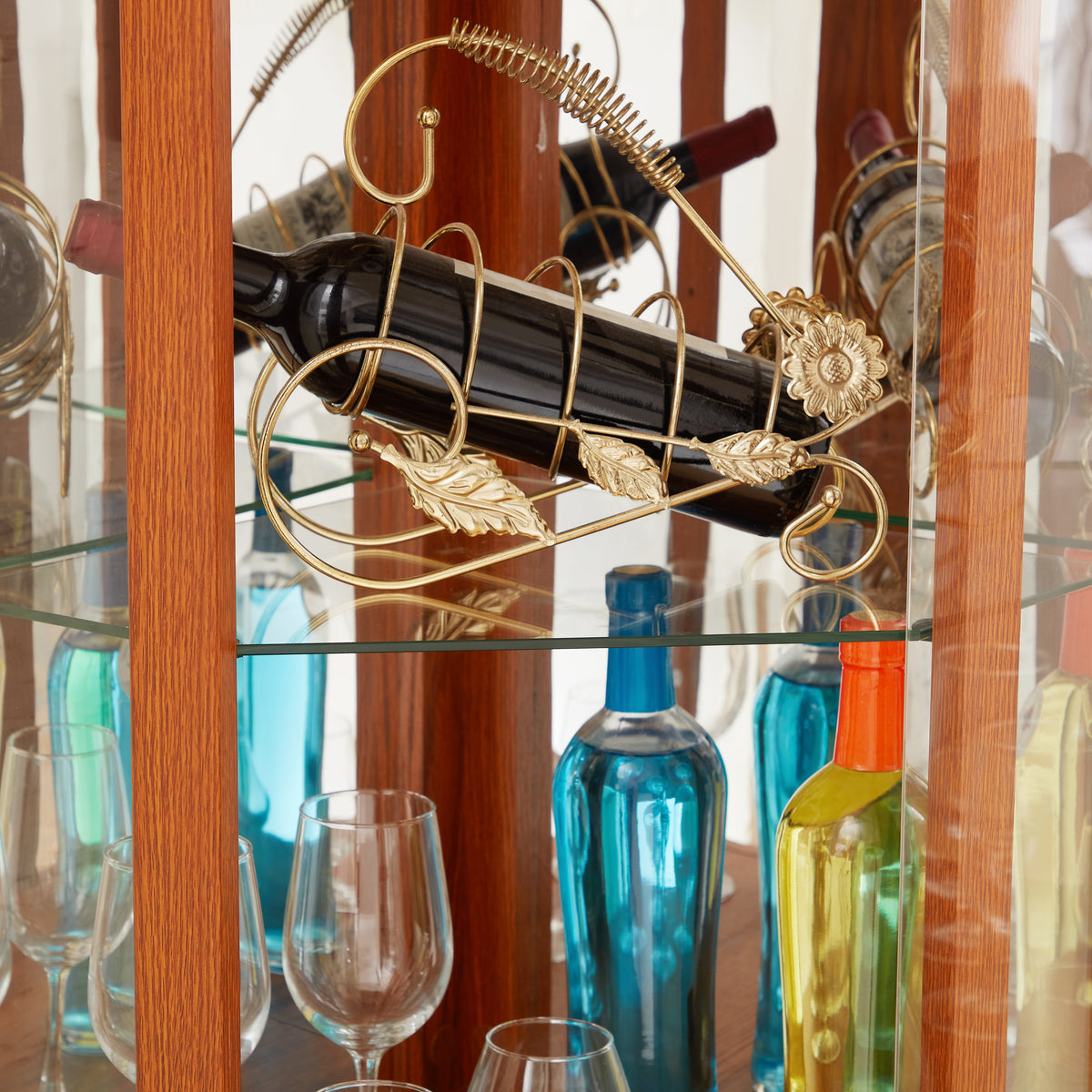 Corner Glass Cabinet Lighted Curio Cabinet Corner Display Case for Living Room, Curio Cabinet, Antique collection, Wine,Bar Glass Storage Light Included, Dark oak