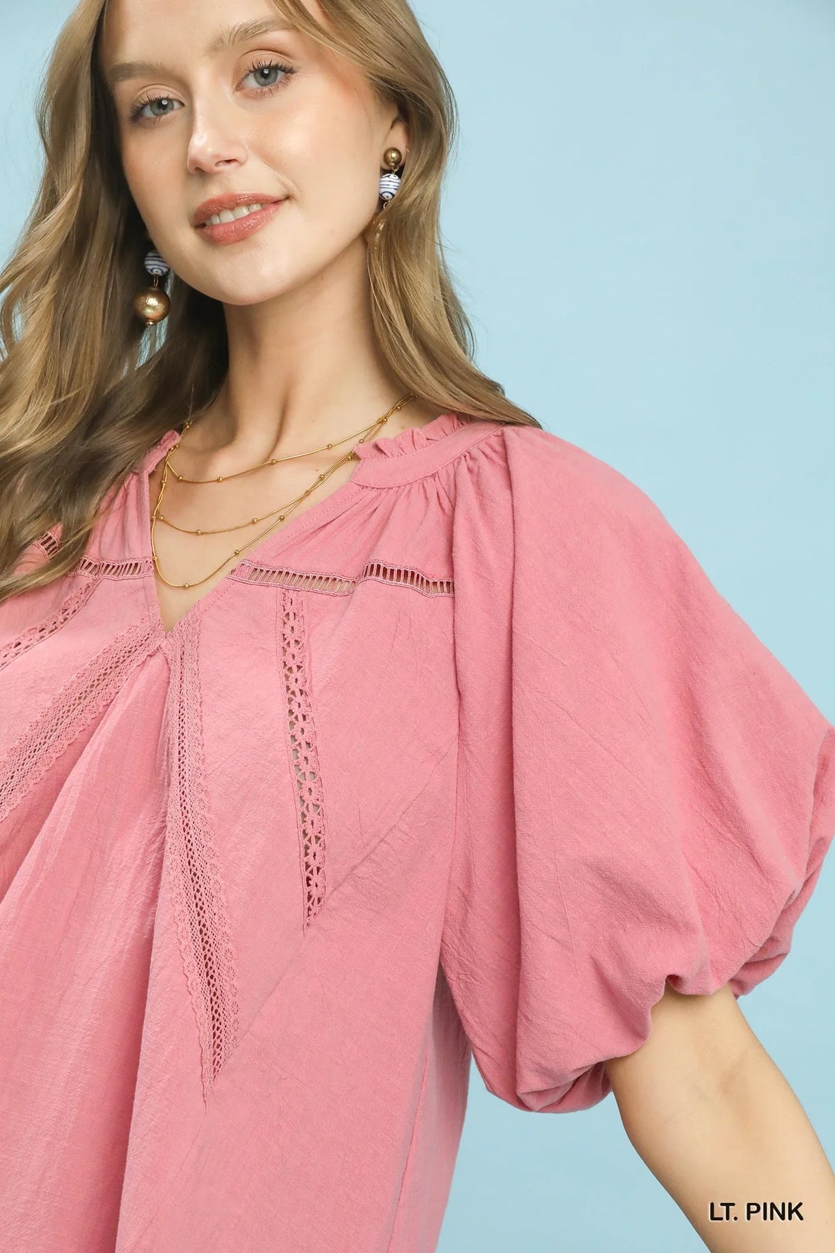 Umgee Lace Inset Puff Sleeve Boho Blouse