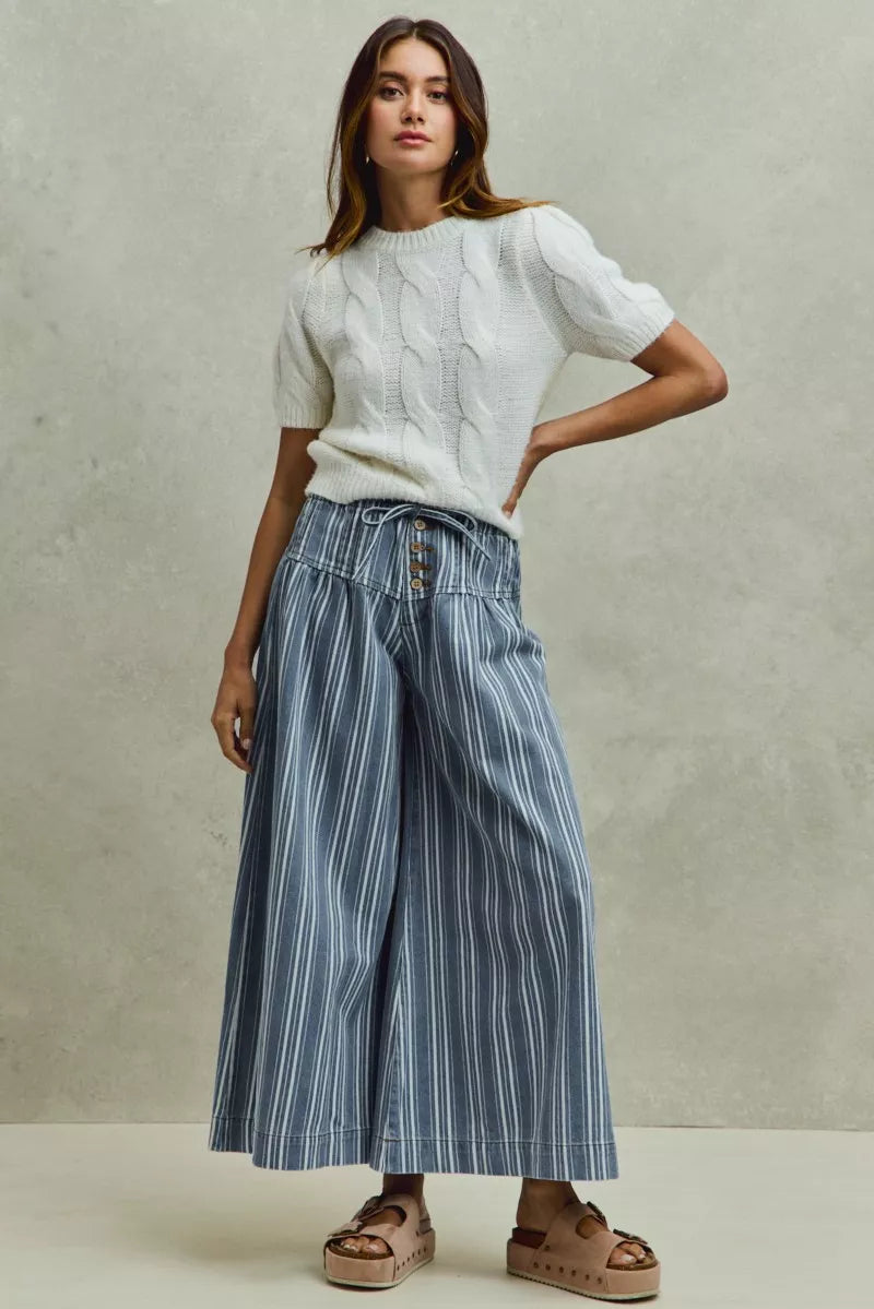 SO ME Mid Rise Stripe Denim Washed Pleat Wide Leg Pants