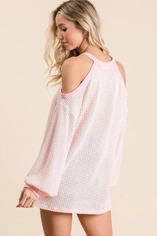 BiBi Popcorn Waffle Top with Cold Shoulder Detail