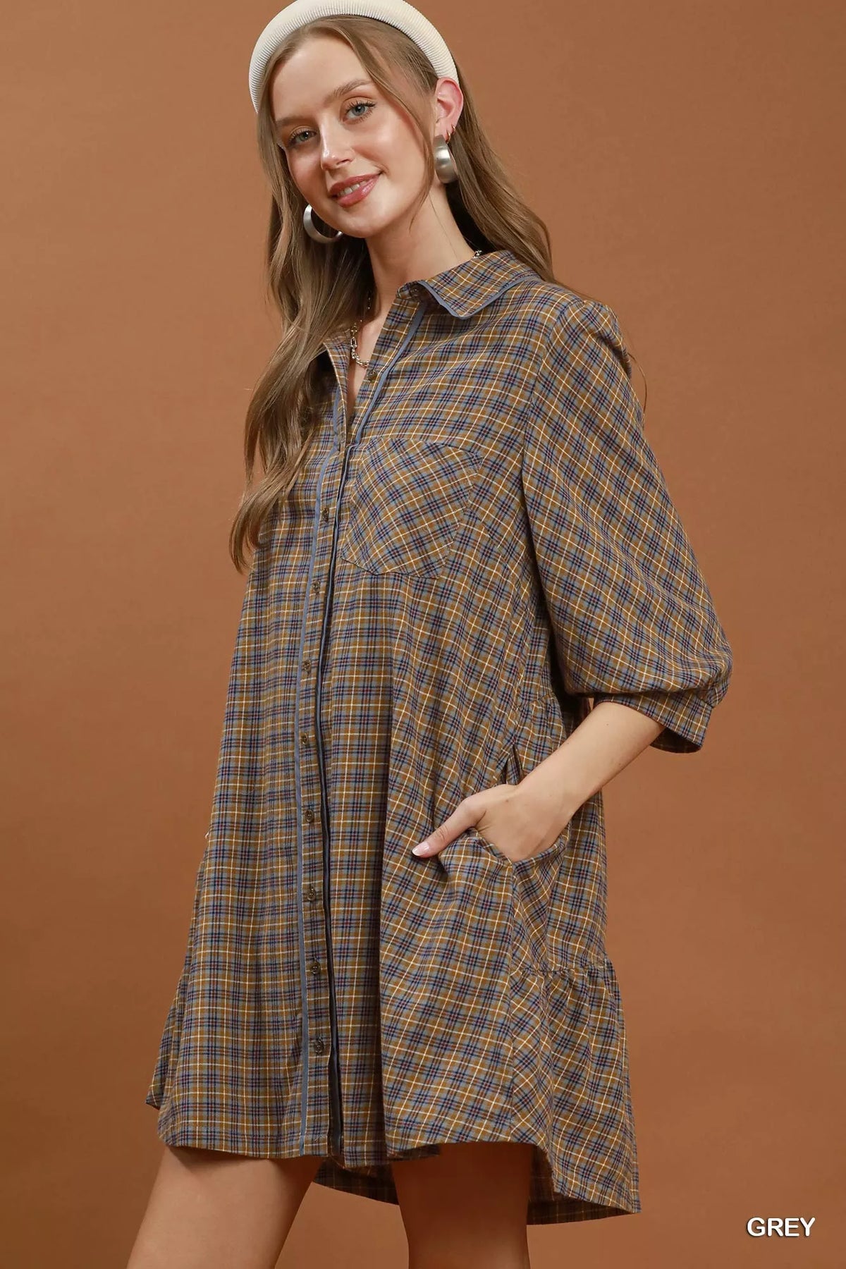 Umgee Plaid Button Down Oversized Shirt Dress