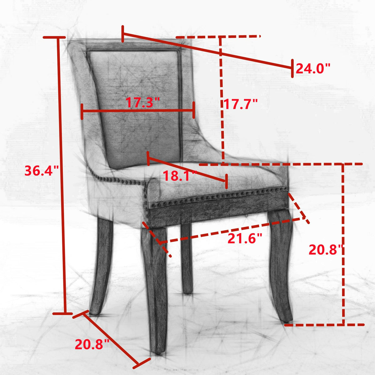 A&A Furniture Ultra Side Dining Chair with Thickened Fabric and Solid Wood Legs, Bronze Nail Head, Set of 2, Gray