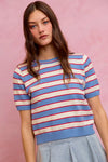 SO ME Stripe Knit Crew Neck Short Sleeves Sweater Top