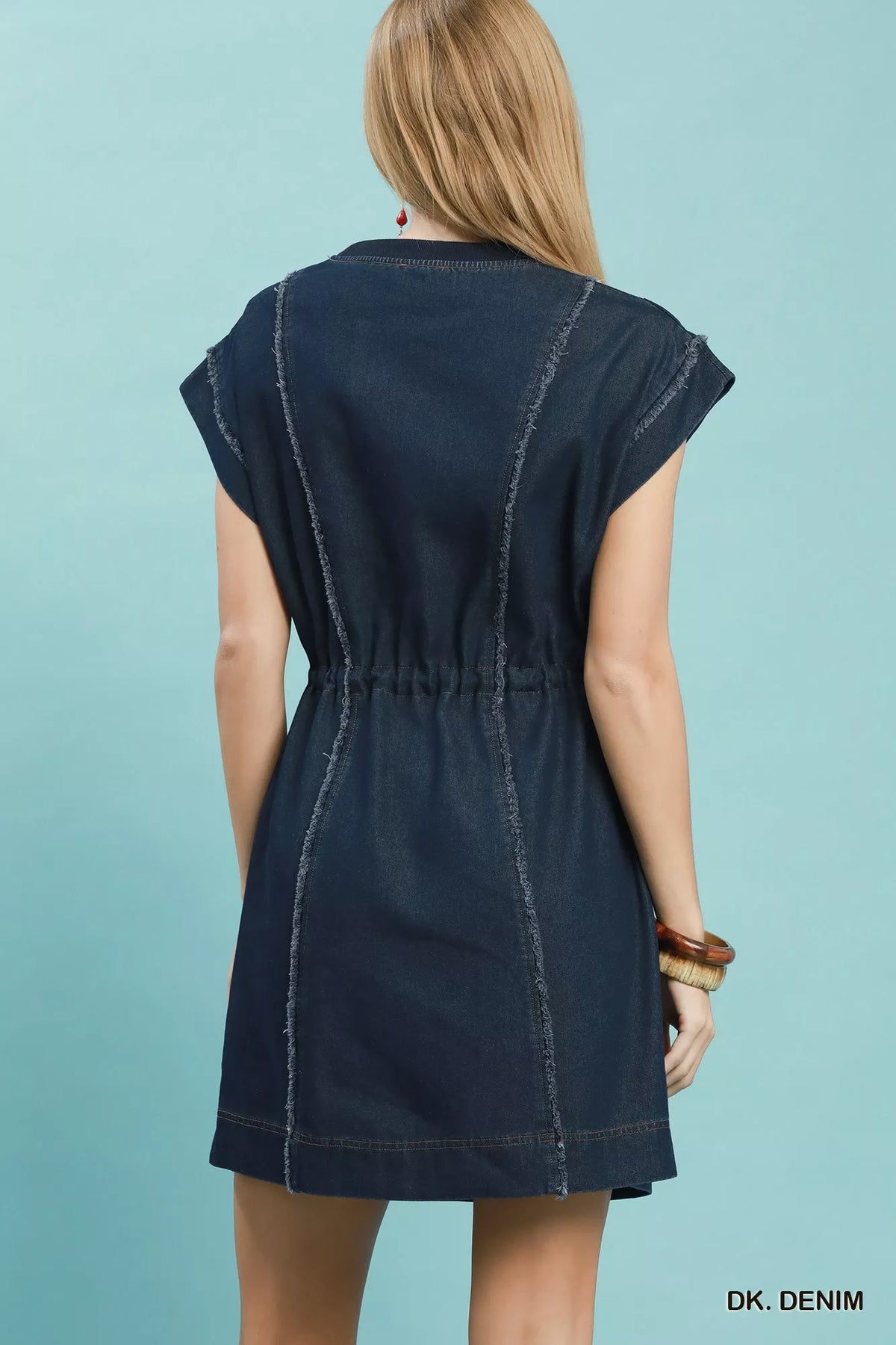 Umgee Drawstring Waist Frayed Denim Mini Dress