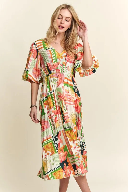 New Summer Floral V-Neck Puff Sleeve Midi Dress For Women – Feminine, Charming, Elegant, Eye-Catching, Perfect for Any Occasion