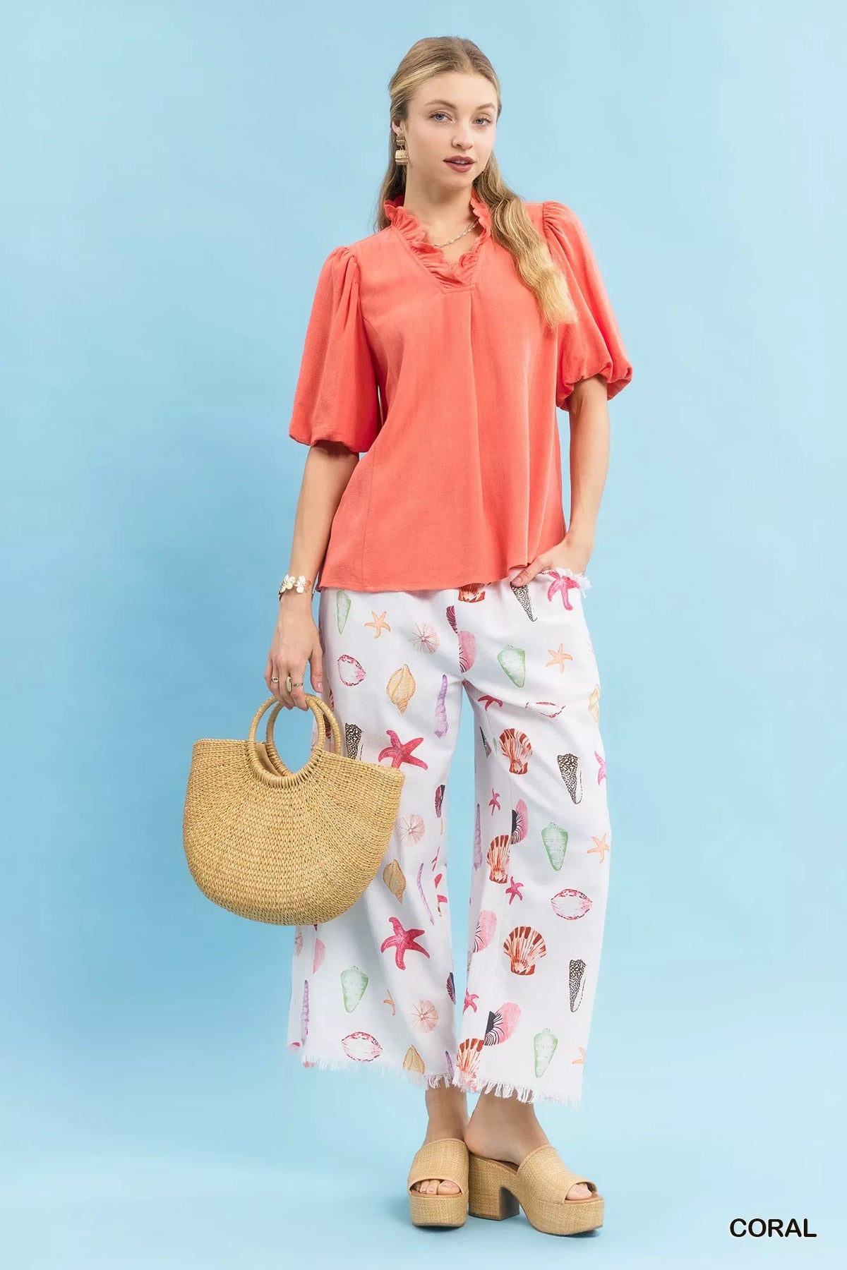 Umgee Linen Scallop Trim V-Neck Blouse