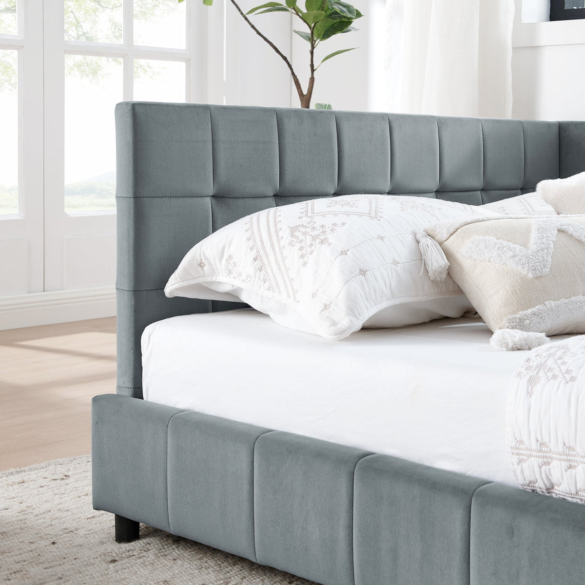 Velvet Grey Full Size Upholstered Tufted Bed Frame with Backrest and Armrests, 80.5''*59''*30.5''