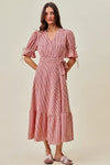 SO ME Stripe Textured Short Sleeves Lined Wrap Midi Dres