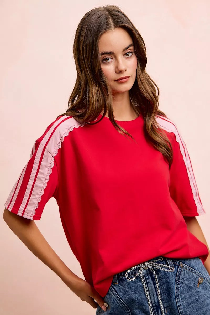 BiBi French Terry Side Lace Detail Short Sleeves Top