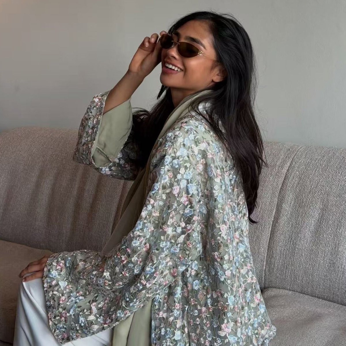 Floral Embroidered Mesh Open Abaya & Hijab Set(MOA321)