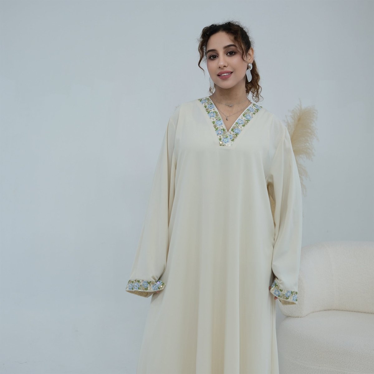 Floral Embroidered V-Neck Nida Maxi Dress(MA448)
