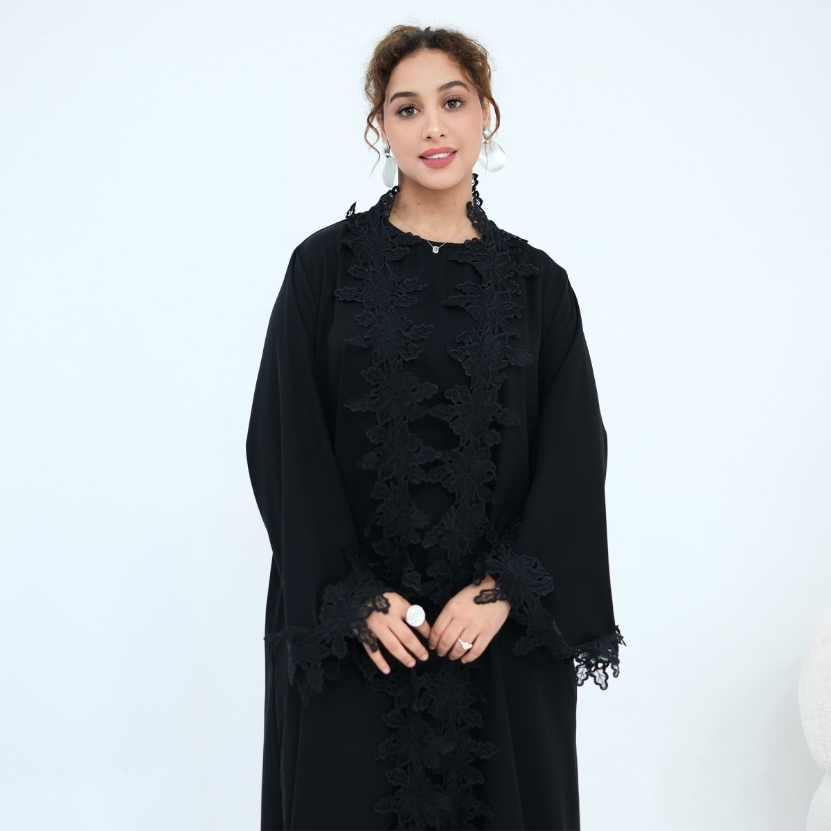 Floral Lace Trim Open Abaya & Sleeveless Inner Dress Set(MOA312)