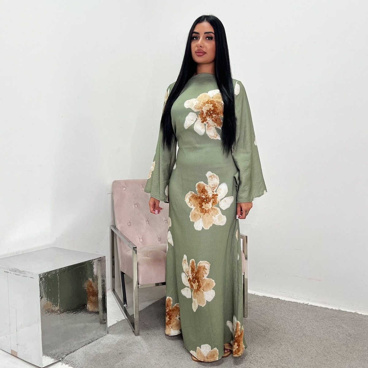 Floral Print Bell Sleeve Maxi Dress Abaya (MA214)