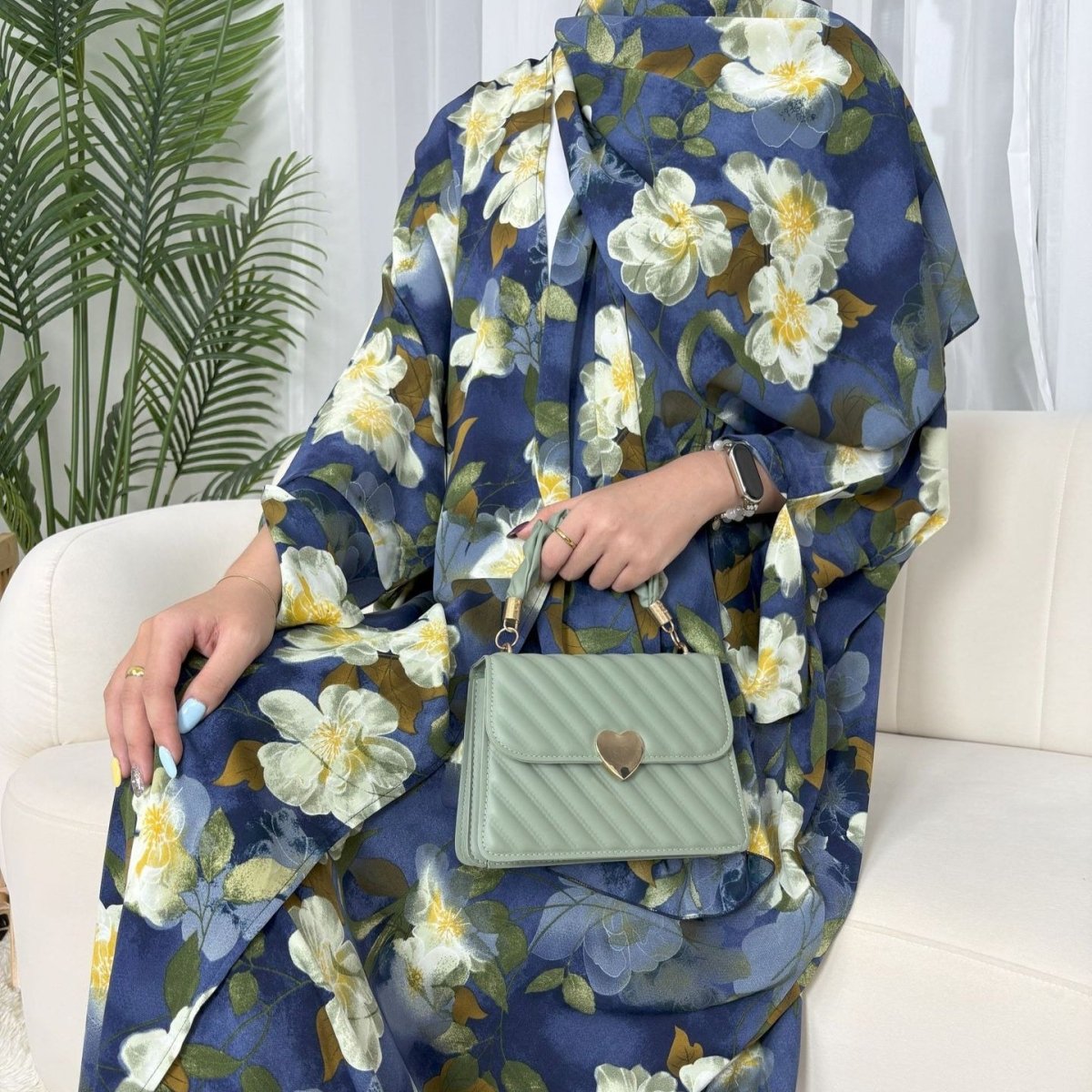 Floral Print Butterfly Sleeve Abaya Set | Resort Style Open-Front Cardigan(MOA256)