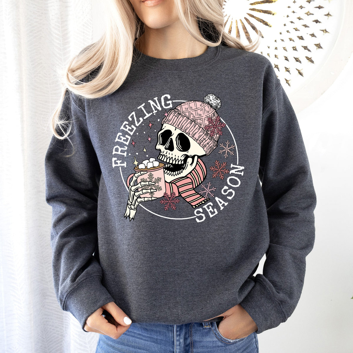Freezing Season Skeleton Graphic Illustration With Frosty Night Winter Scene Sweatshirt