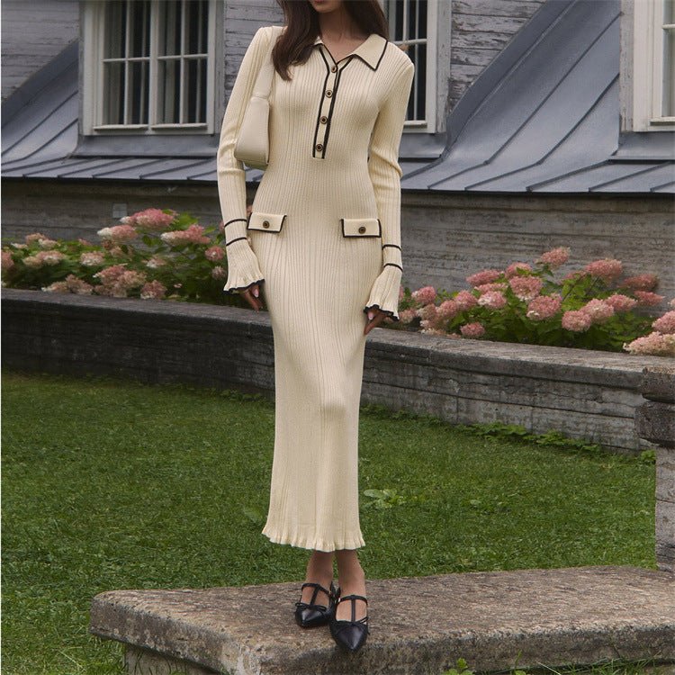 French Luxury Ruffle Trim Knit Dress | Collared Midi Sweater Dress(MS199)