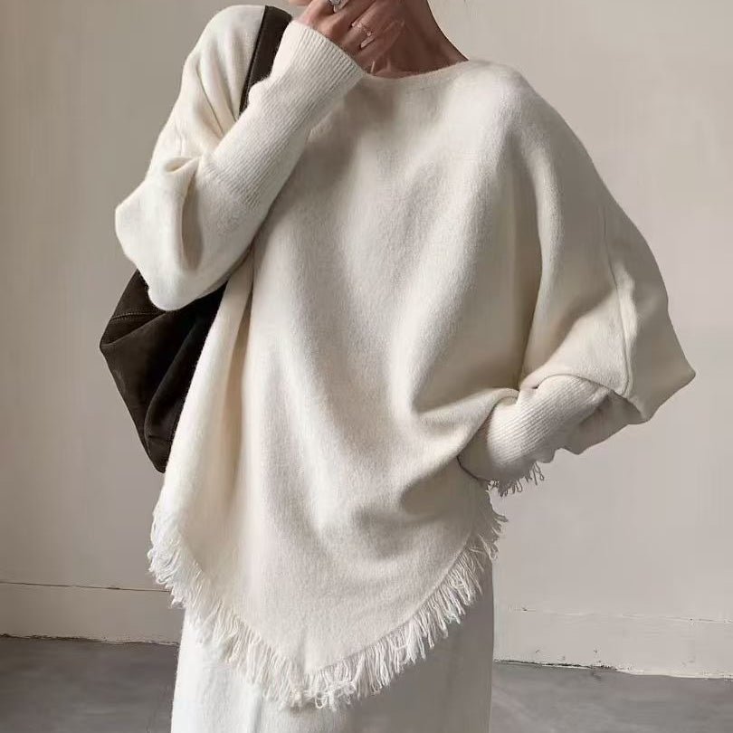 Fringed Knit Set With Batwing Sleeve Sweater And Midi Skirt (MS172)