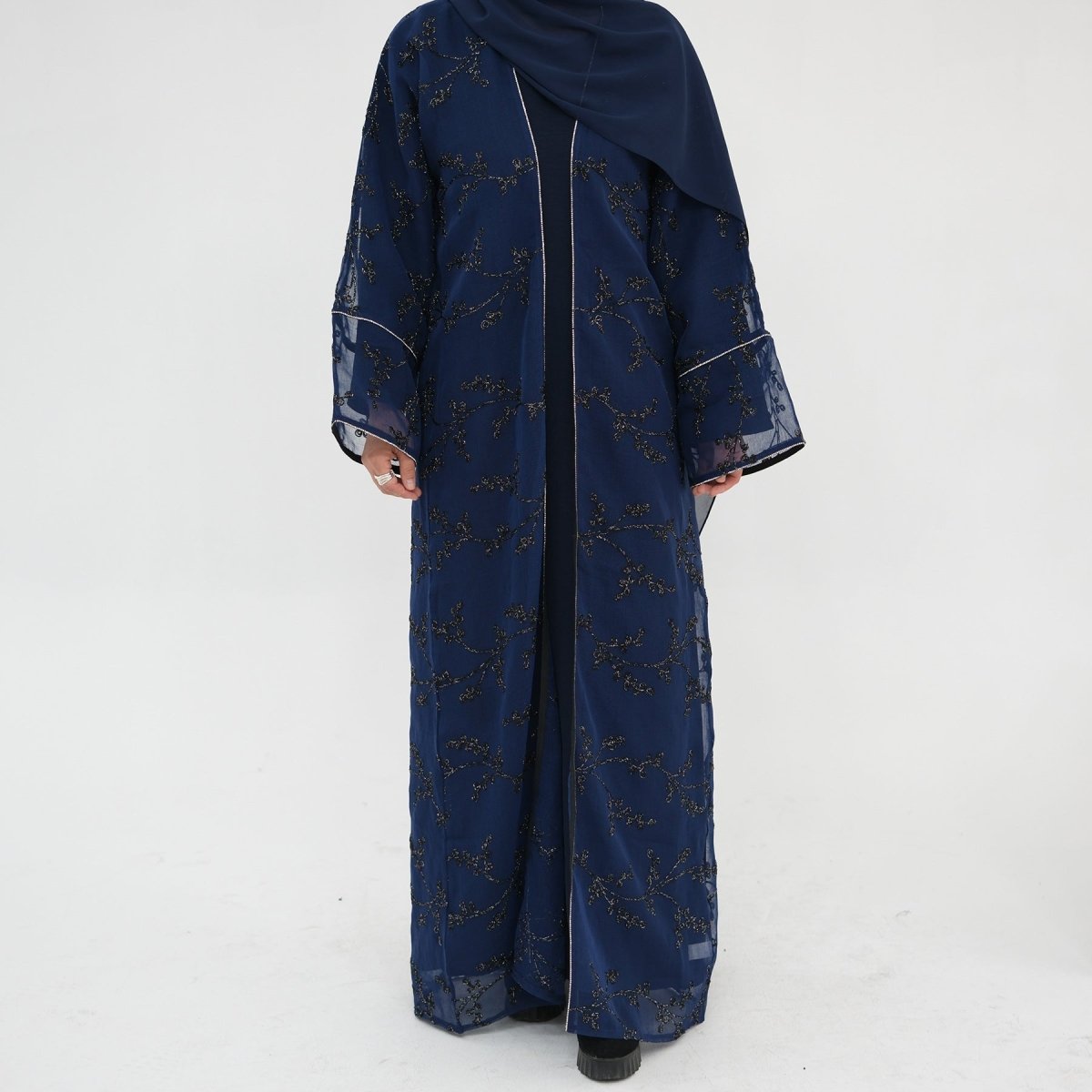 Fully Embroidered Abaya Set | Crystal Trim Vine Pattern Cardigan & Dress (MOA262)