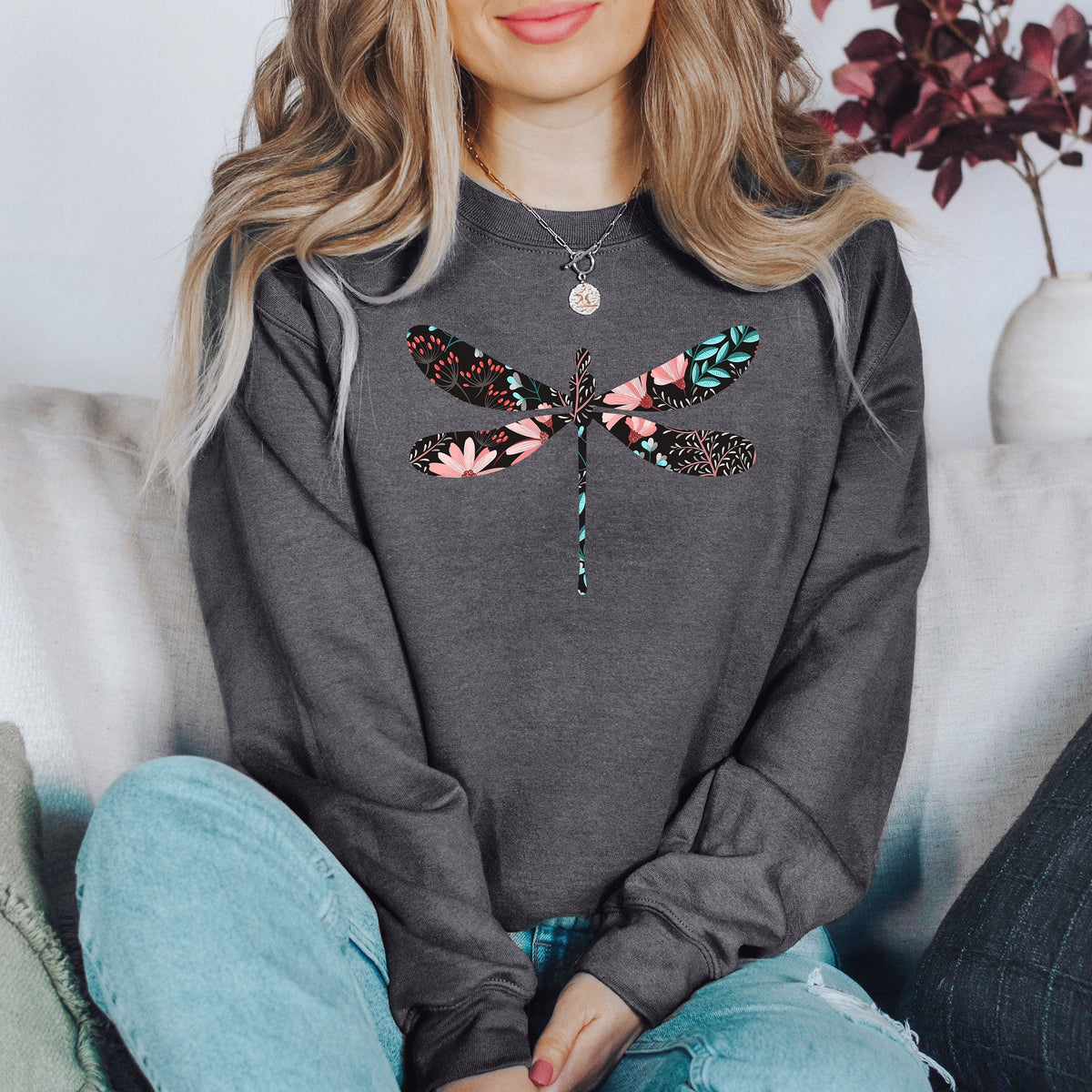 Floral Print Dragonfly Garden Life Premium Soft Cozy Luxury Cotton-Blend Sweatshirt