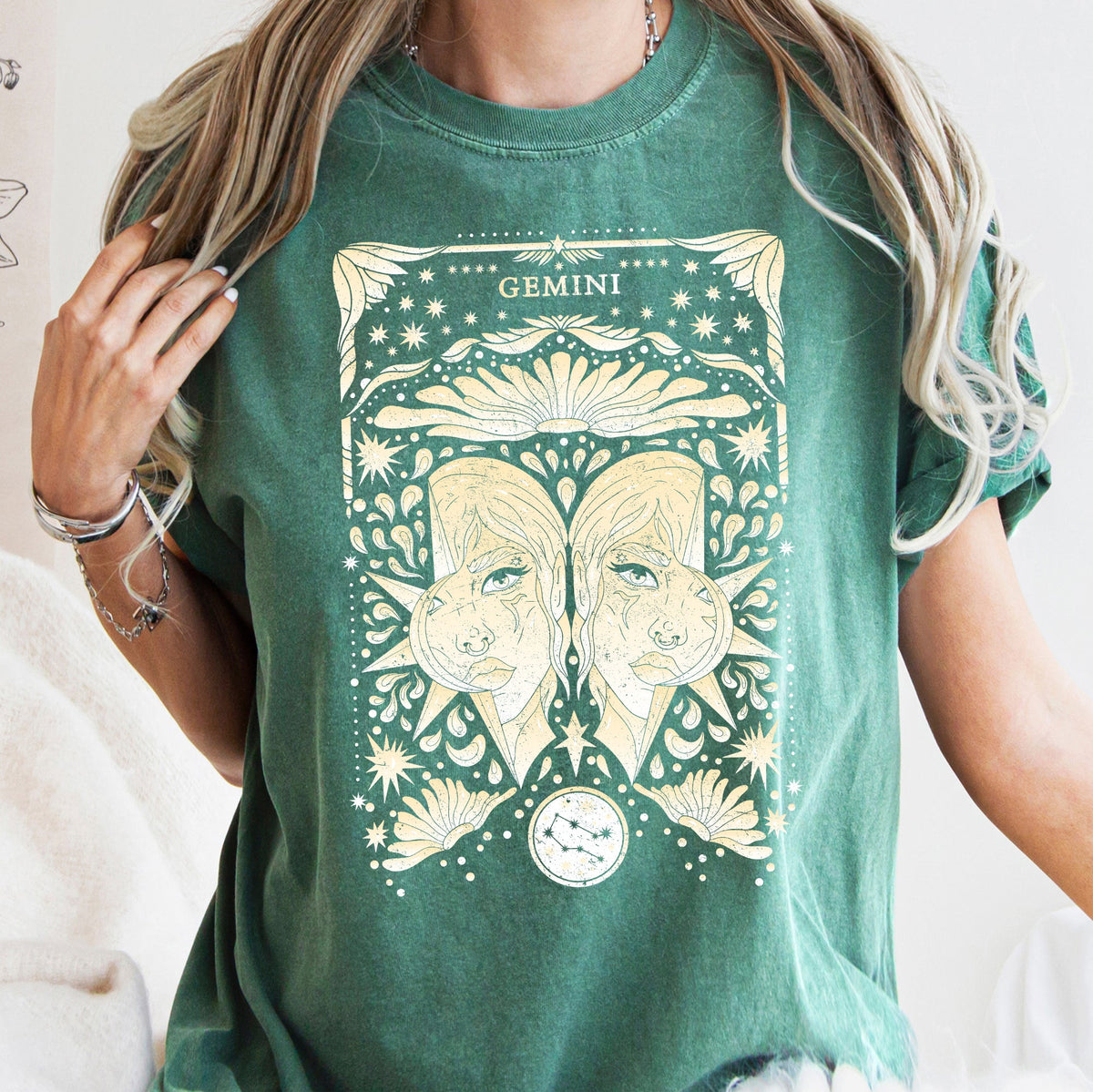 Gemini Celestial Zodiac Horoscope Astrology Constellation Glyph Moon Phase Graphic Comfort Colors Tee