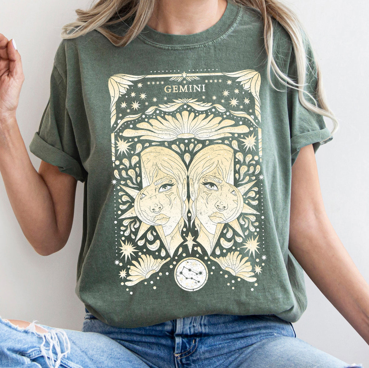 Gemini Celestial Zodiac Horoscope Astrology Constellation Glyph Moon Phase Graphic Comfort Colors Tee