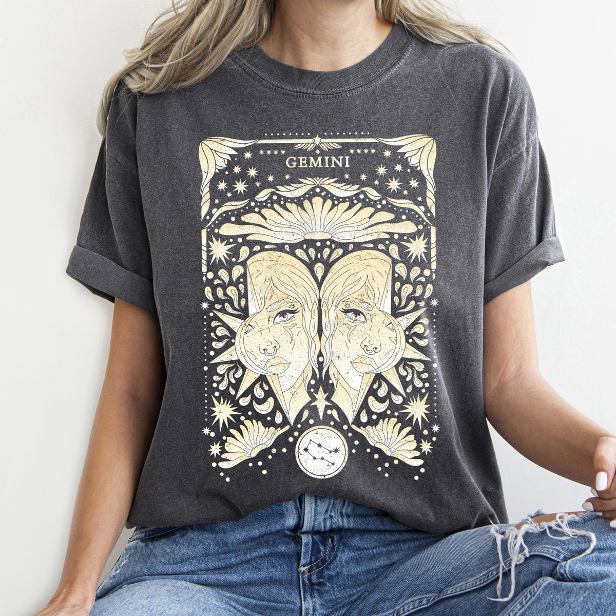Gemini Celestial Zodiac Horoscope Astrology Constellation Glyph Moon Phase Graphic Comfort Colors Tee