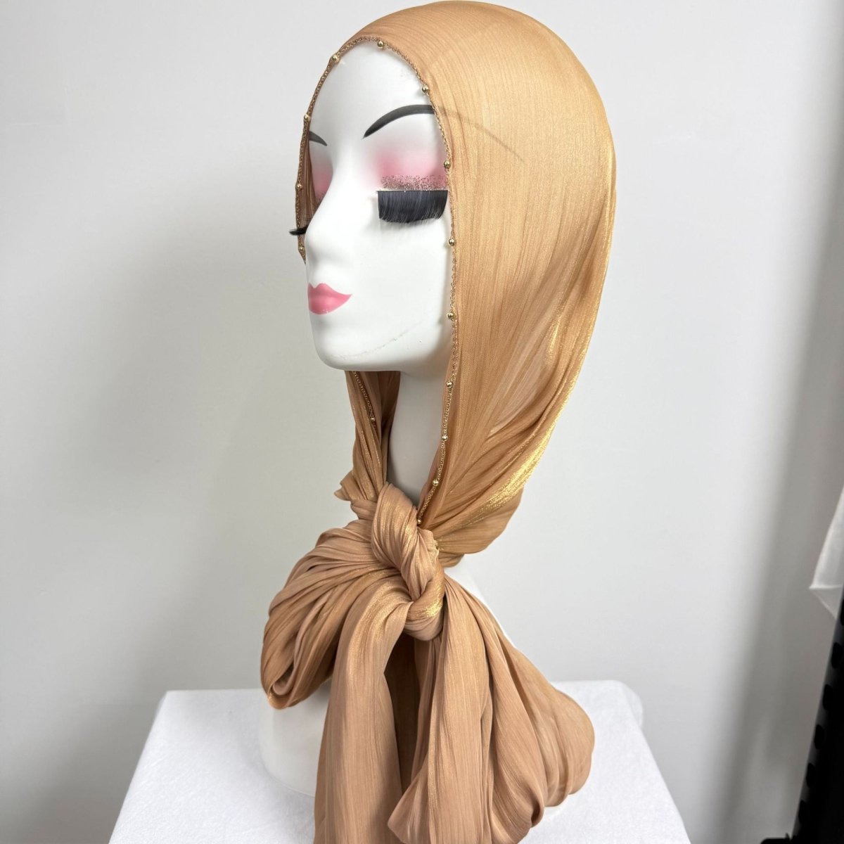 Gold Chain Beaded Edge Crinkle Satin Hijab(MH238)