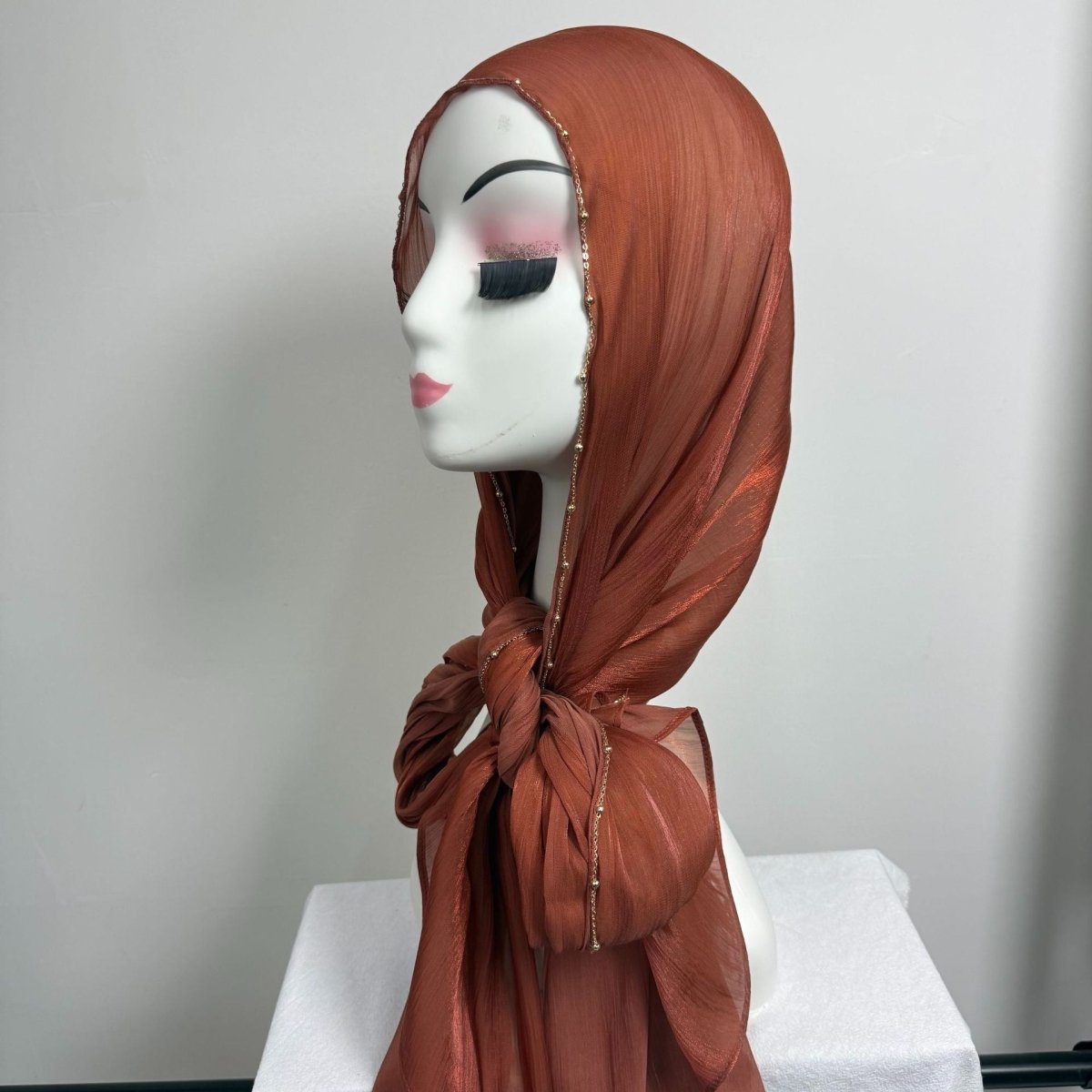 Gold Chain Beaded Edge Crinkle Satin Hijab(MH238)