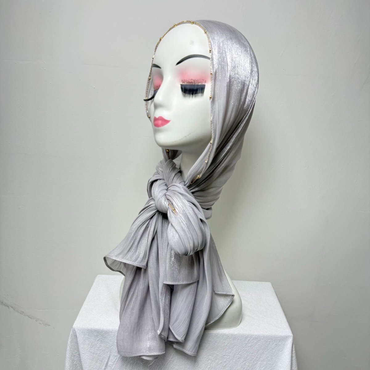 Gold Chain Beaded Edge Crinkle Satin Hijab(MH238)