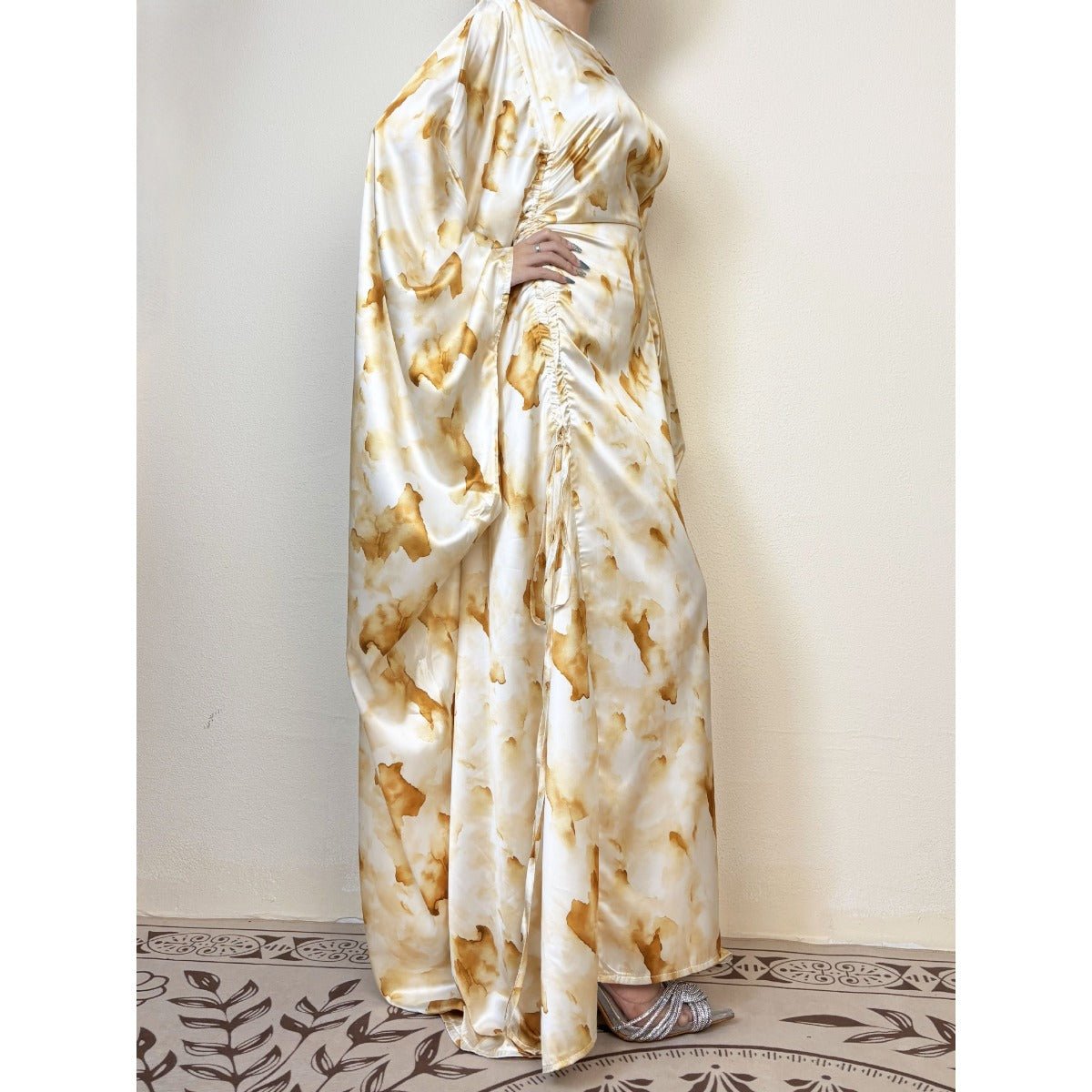 Golden Marble Print Satin Dress | Bell Sleeve Maxi with Adjustable Drawstring Waist (MA244)