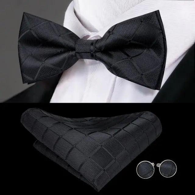 Green Color Silk Butterfly Pre-Tied Bow Tie Pocket Square Cufflinks Suit Set For Men Silk Adjustable Self Bowtie Formal Bowtie Set