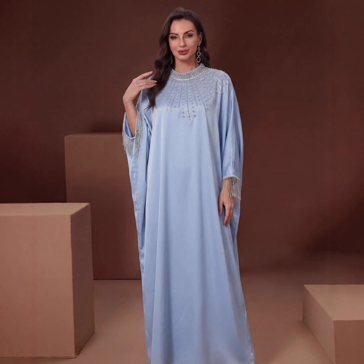 Hand-Beaded Crystal Bodice Satin Kaftan (MA420)