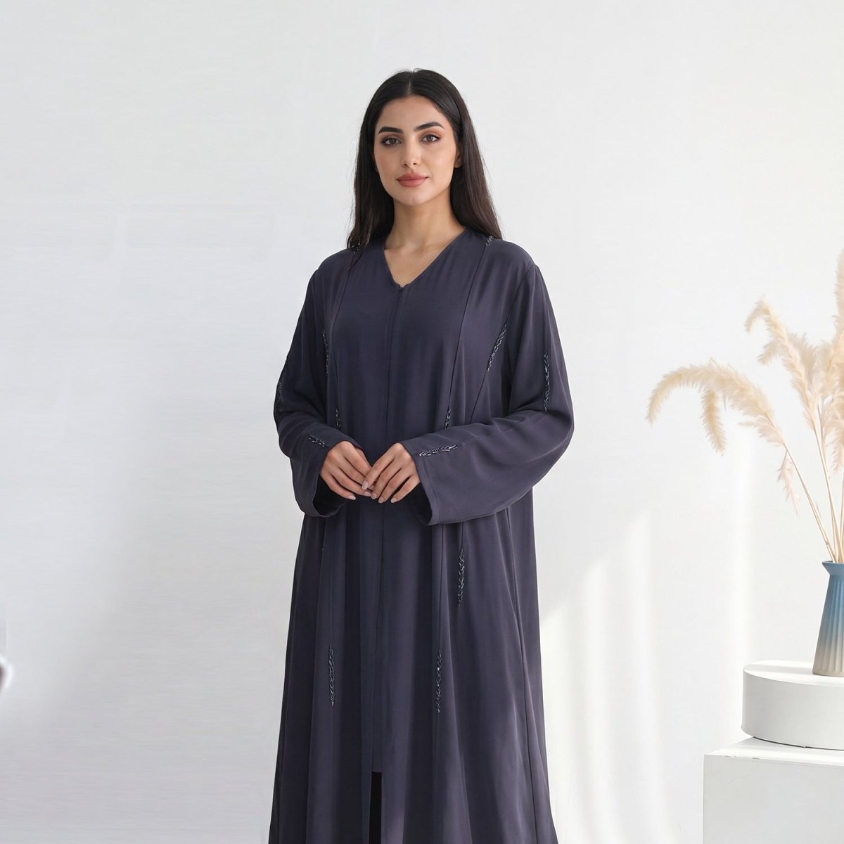 Hand-Beaded Linen Open Abaya(MOA320)