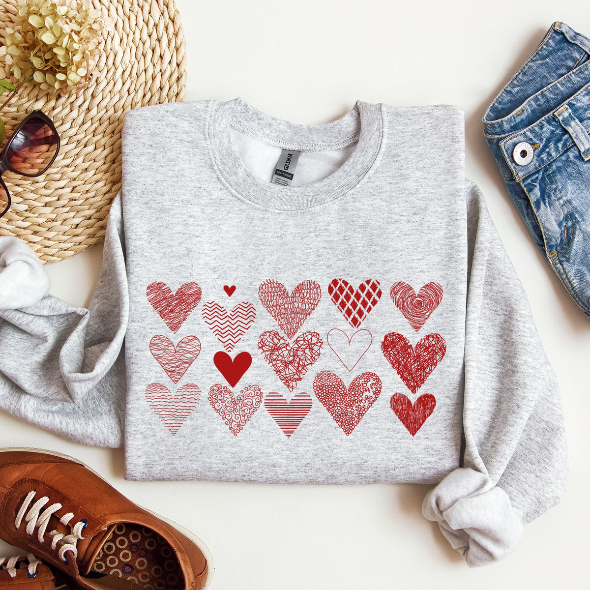 Heart Doodles Valentine's Day Love Edition Cozy Fleece Graphic Warm Comfort Relaxed Fit Sweatshirt