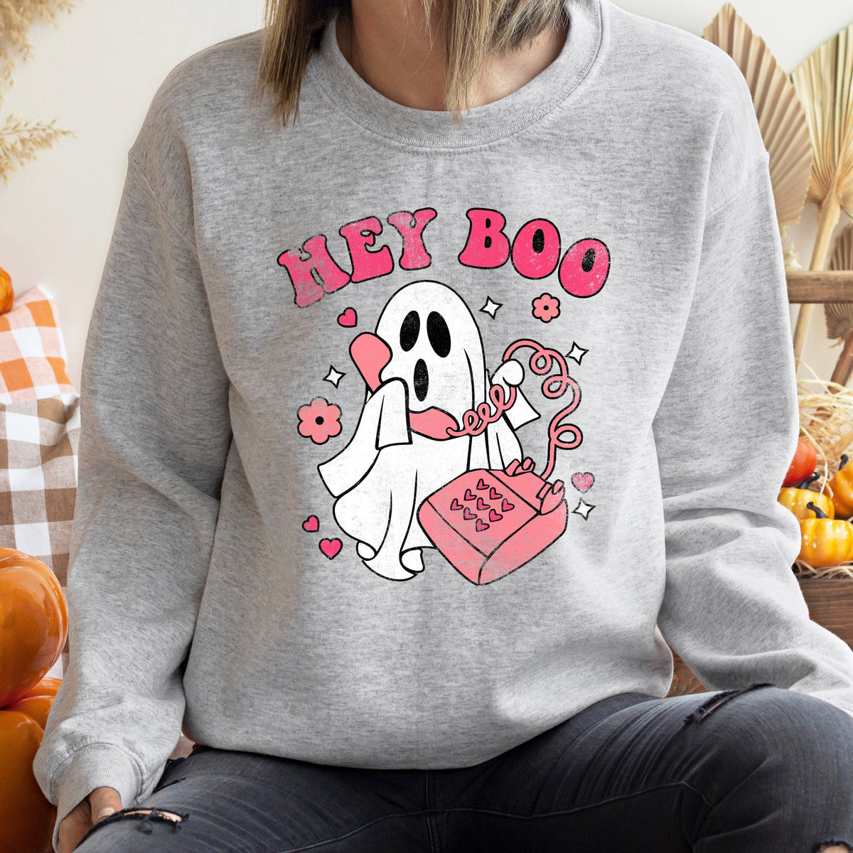 Hey Boo Vintage Halloween Spooky Night Cozy Fleece Graphic Print Inspired Premium Sweatshirt