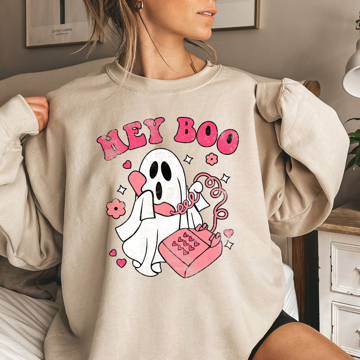 Hey Boo Vintage Halloween Spooky Night Cozy Fleece Graphic Print Inspired Premium Sweatshirt