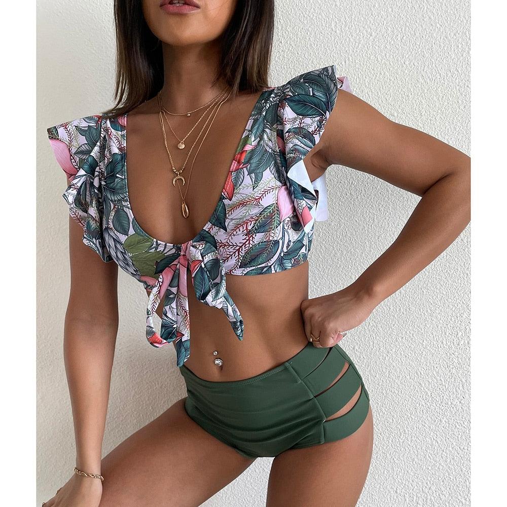 High Waist Bikini Ruffle Swimwear Women Print Swimsuit Push Up Bikinis Plus Size Bathing Suits Floral Beach Wear Bikini Swimsuits for Teen Girls