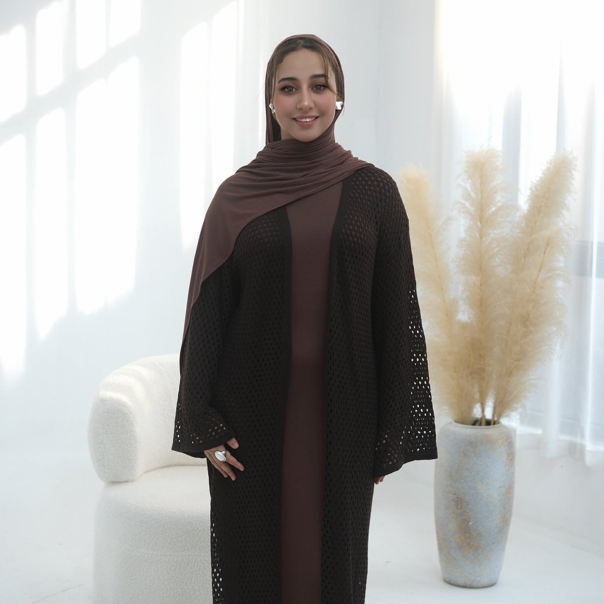 Hollow-Out Knit Open Abaya Cardigan with Waist Belt(MOA315)