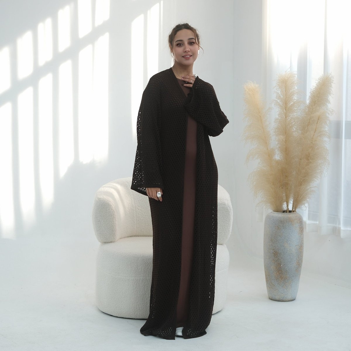 Hollow-Out Knit Open Abaya Cardigan with Waist Belt(MOA315)