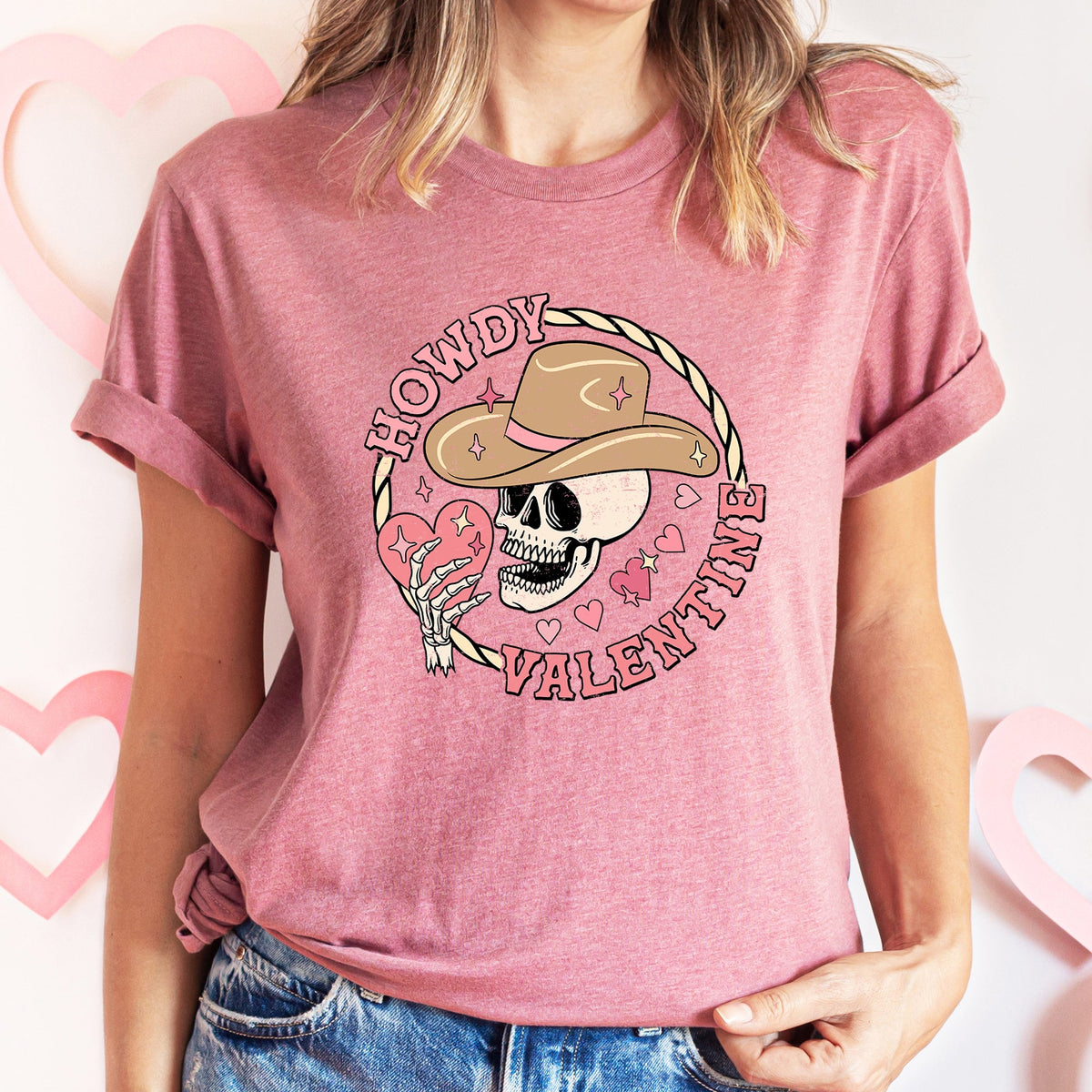 Howdy Valentine Skeleton Cowboy Western Country Retro Heart Cactus Scene Valentine's Day Graphic Tee