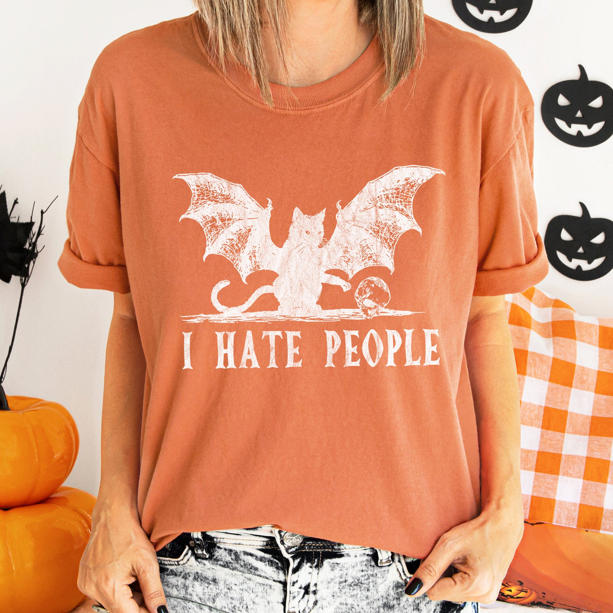I Hate People Cat Bat Retro Halloween Graphic Design Limited Edition Comfort Colors Tee